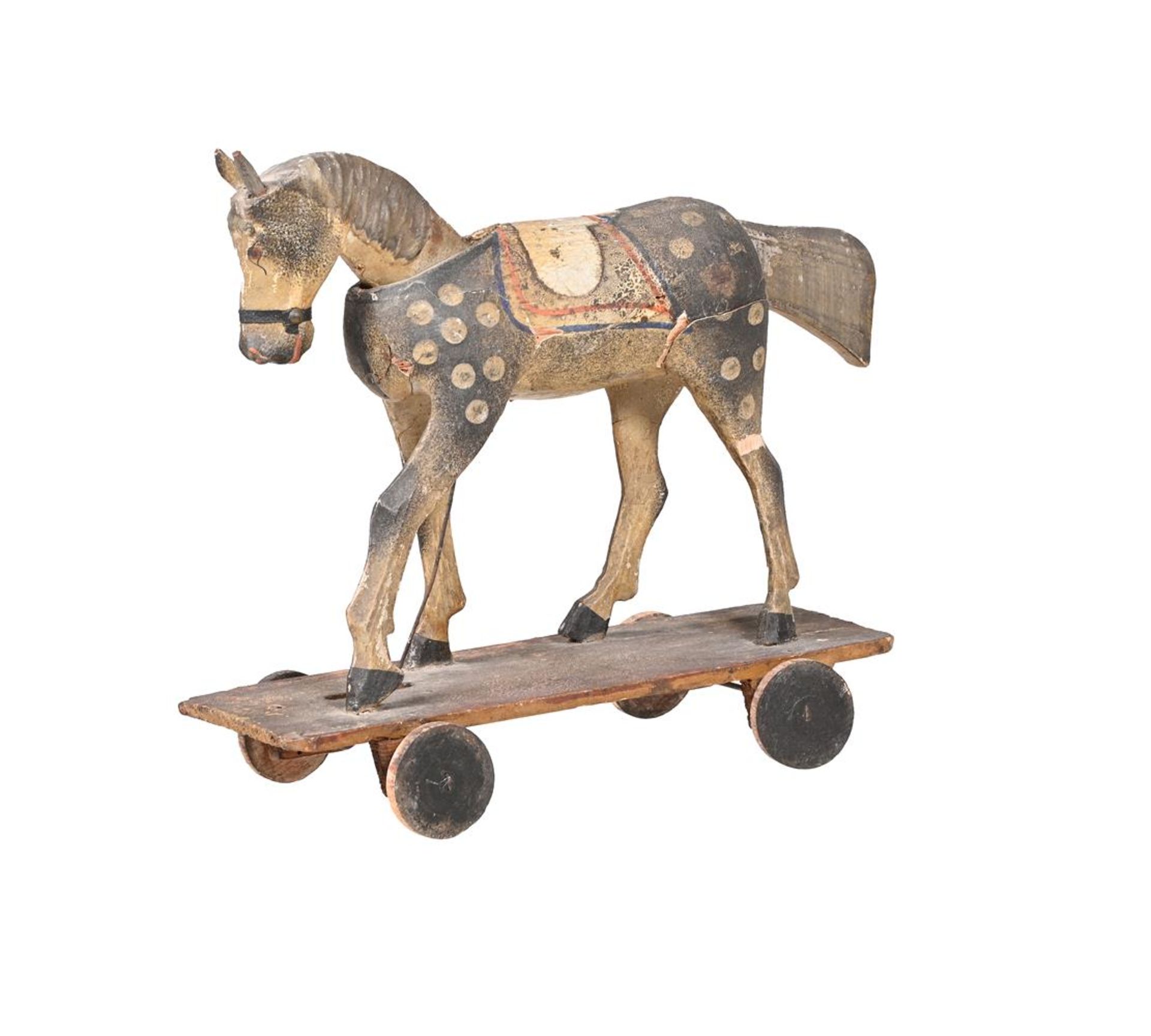 A VICTORIAN PAINTED WOOD 'FOLK ART' PULL ALONG HORSE