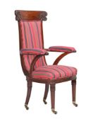 AN EARLY VICTORIAN MAHOGANY HIGH-BACK LIBRARY ARMCHAIR