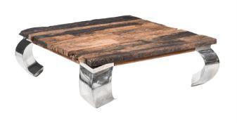 A HARDWOOD AND CHROME LOW OCCASIONAL TABLE