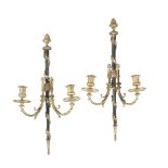 A PAIR OF FRENCH ORMOLU AND PATINATED METAL TWIN BRANCH WALL LIGHTS