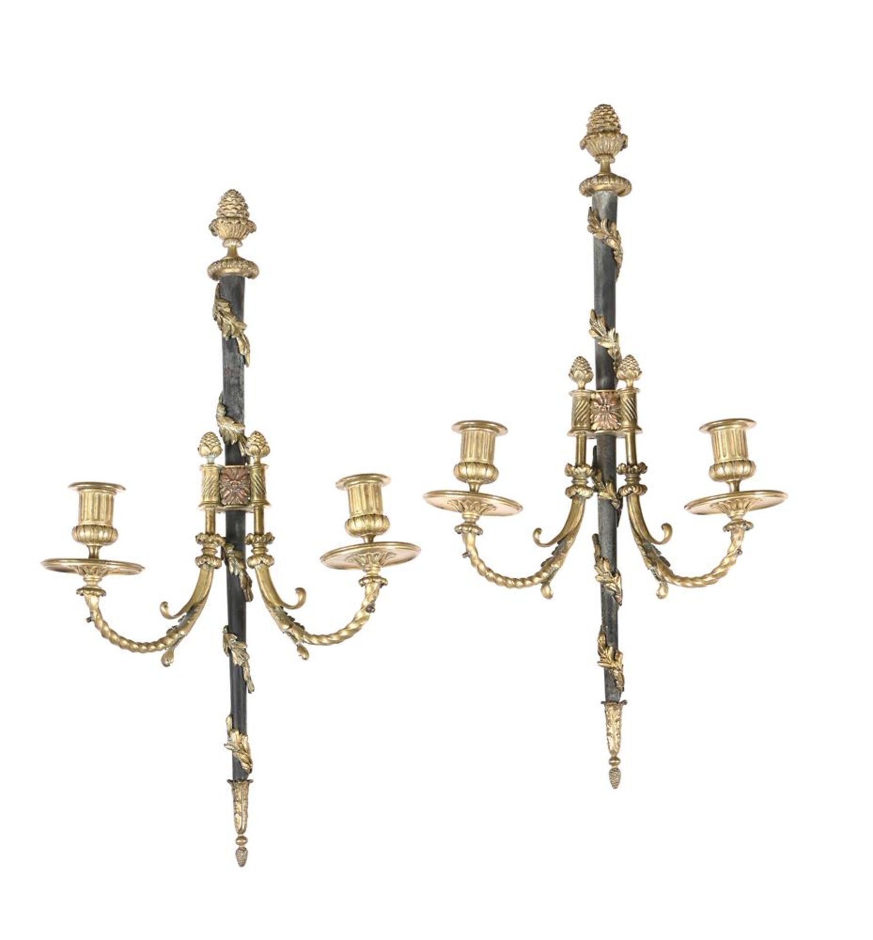 A PAIR OF FRENCH ORMOLU AND PATINATED METAL TWIN BRANCH WALL LIGHTS