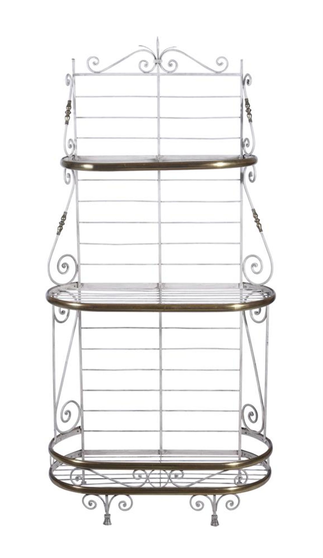 A WHITE PAINTED METAL AND BRASS MOUNTED THREE TIER PLANT STAND