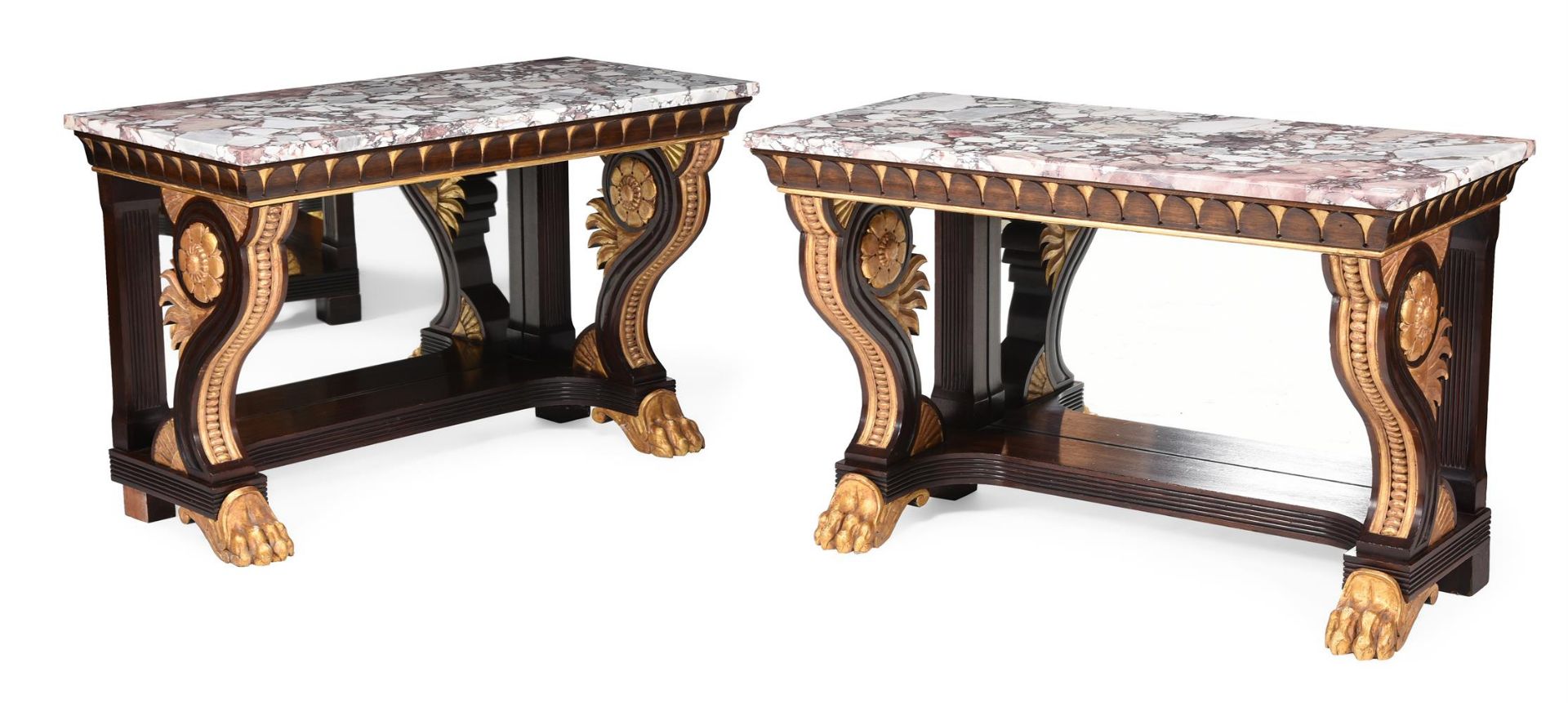 A PAIR OF SIMULATED ROSEWOOD AND PARCEL GILT CONSOLE TABLES IN REGENCY STYLE