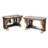 A PAIR OF SIMULATED ROSEWOOD AND PARCEL GILT CONSOLE TABLES IN REGENCY STYLE