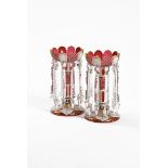 A PAIR OF BOHEMIAN RUBY AND OPAQUE WHITE OVERLAY GLASS LUSTRES