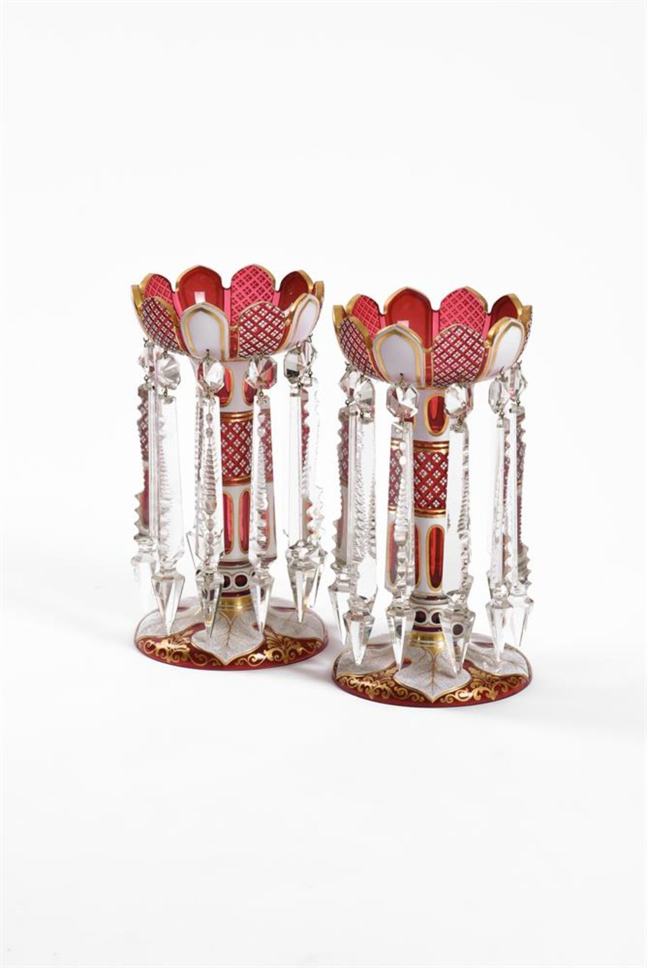 A PAIR OF BOHEMIAN RUBY AND OPAQUE WHITE OVERLAY GLASS LUSTRES