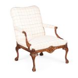 A STAINED BEECH OPEN ARMCHAIR IN 18TH CENTURY STYLE