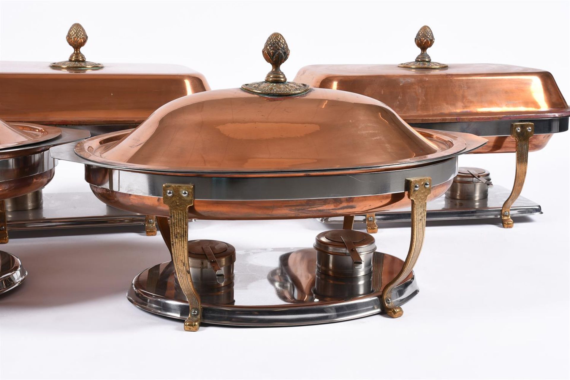 A SUITE OF FIVE COPPER COLOURED AND CHROMED METAL SERVING DISHES AND COVERS - Image 2 of 3