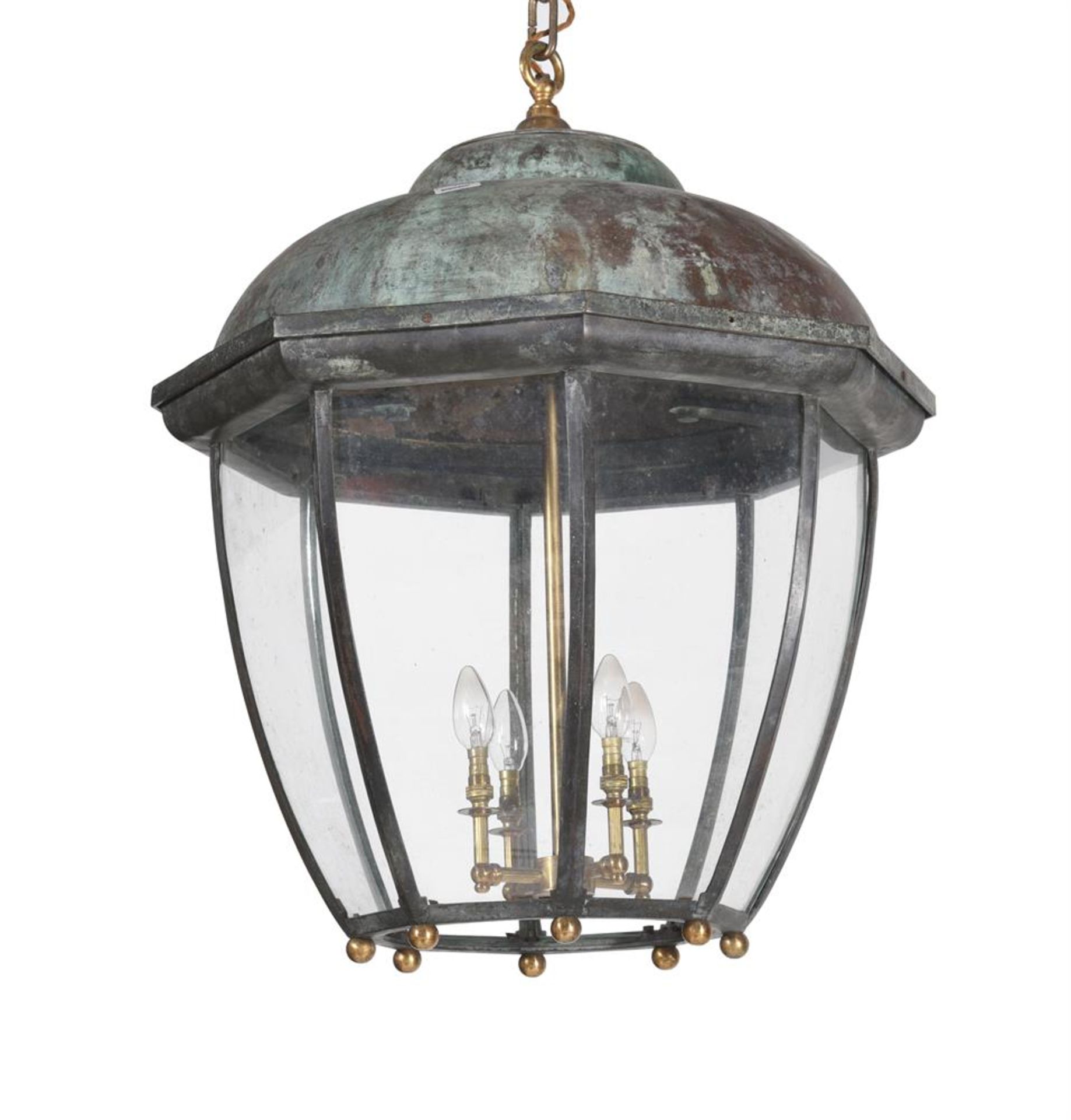 A PAIR OF VERDIGRIS AND GILTMETAL MOUNTED HANGING LANTERNS IN REGENCY STYLE - Image 2 of 4