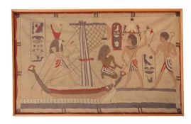 AN OAK FRAMED TEXTILE WALL PANEL IN EGYPTIAN REVIVAL TASTE