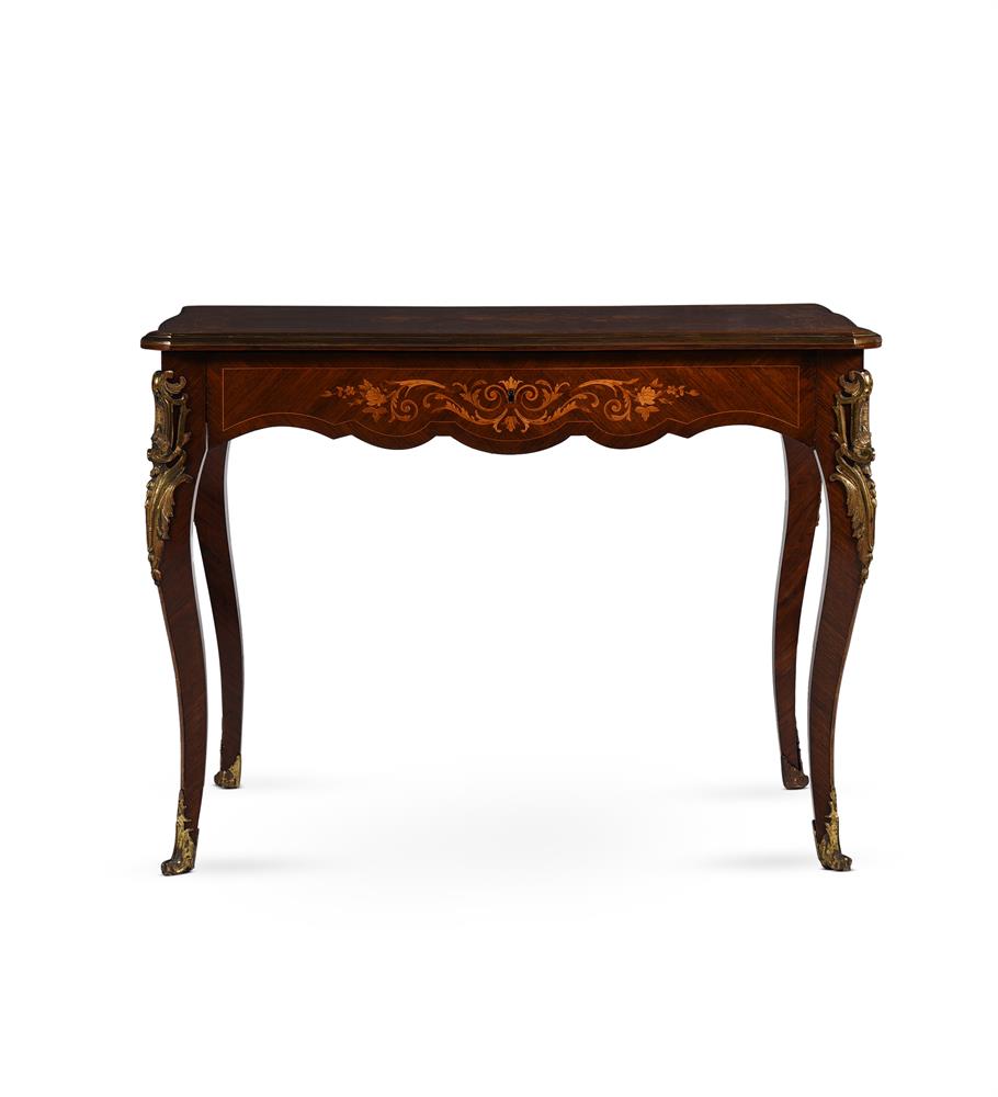 Y A KINGWOOD, MARQUETRY AND GILT METAL MOUNTED CENTRE TABLE OR WRITING TABLE, IN LOUIS XV STYLE