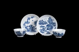 TWO EARLY WORCESTER BLUE AND WHITE PRINTED TEA BOWLS AND SAUCERS
