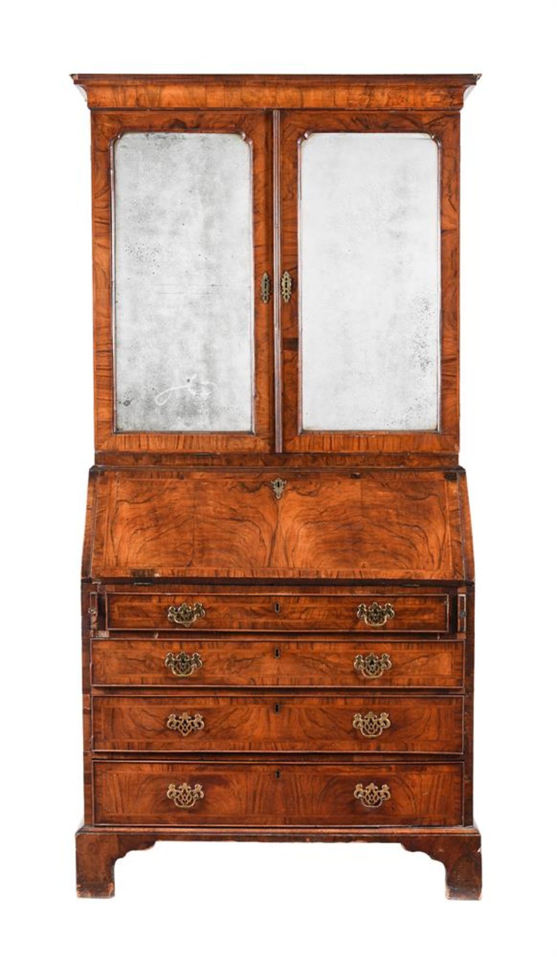 A GEORGE II FIGURED WALNUT AND FEATHERBANDED BUREAU BOOKCASE