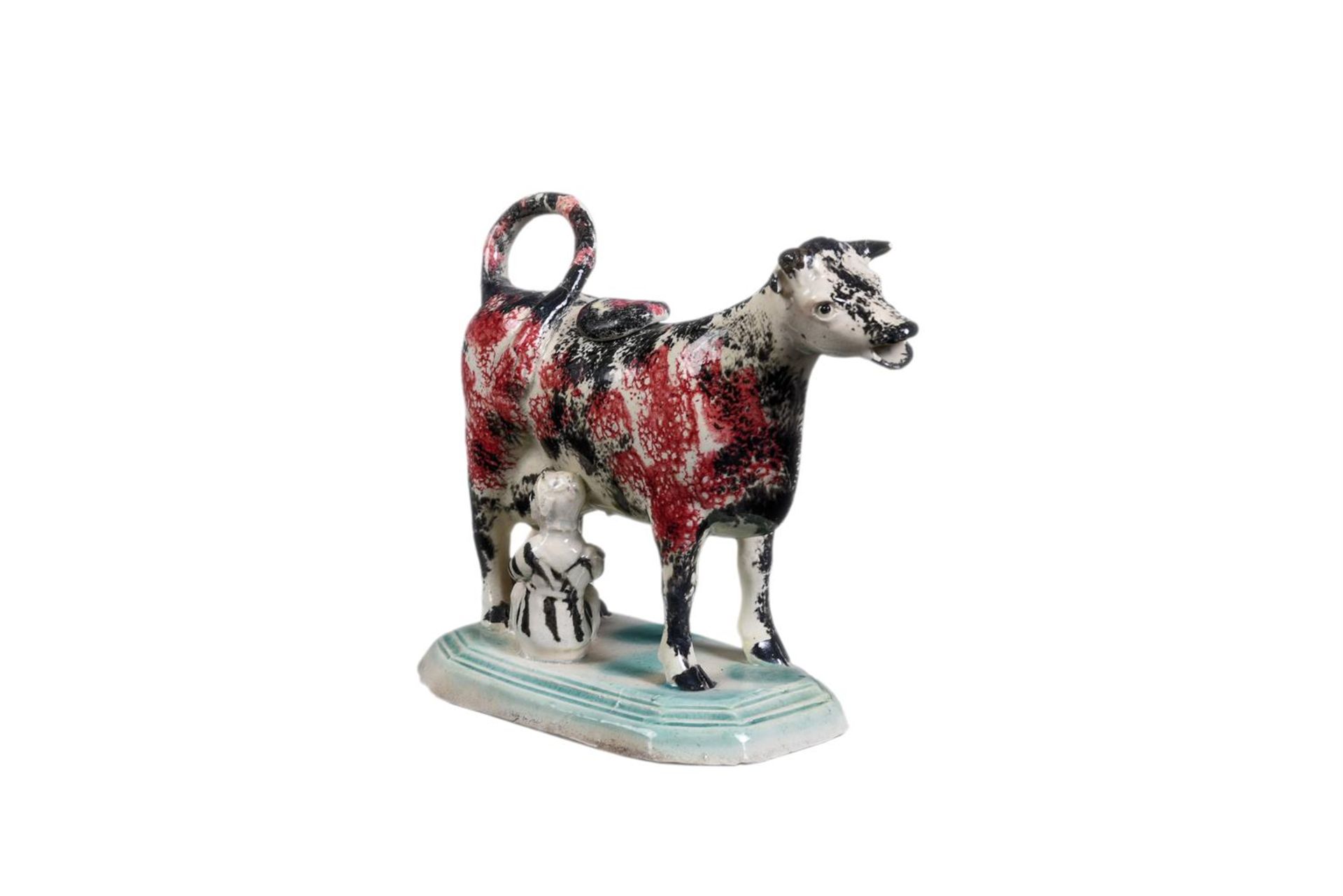 AN ENGLISH PEARLWARE SPONGE-DECORATED COW-CREAMER WITH MILKMAID - Image 2 of 4