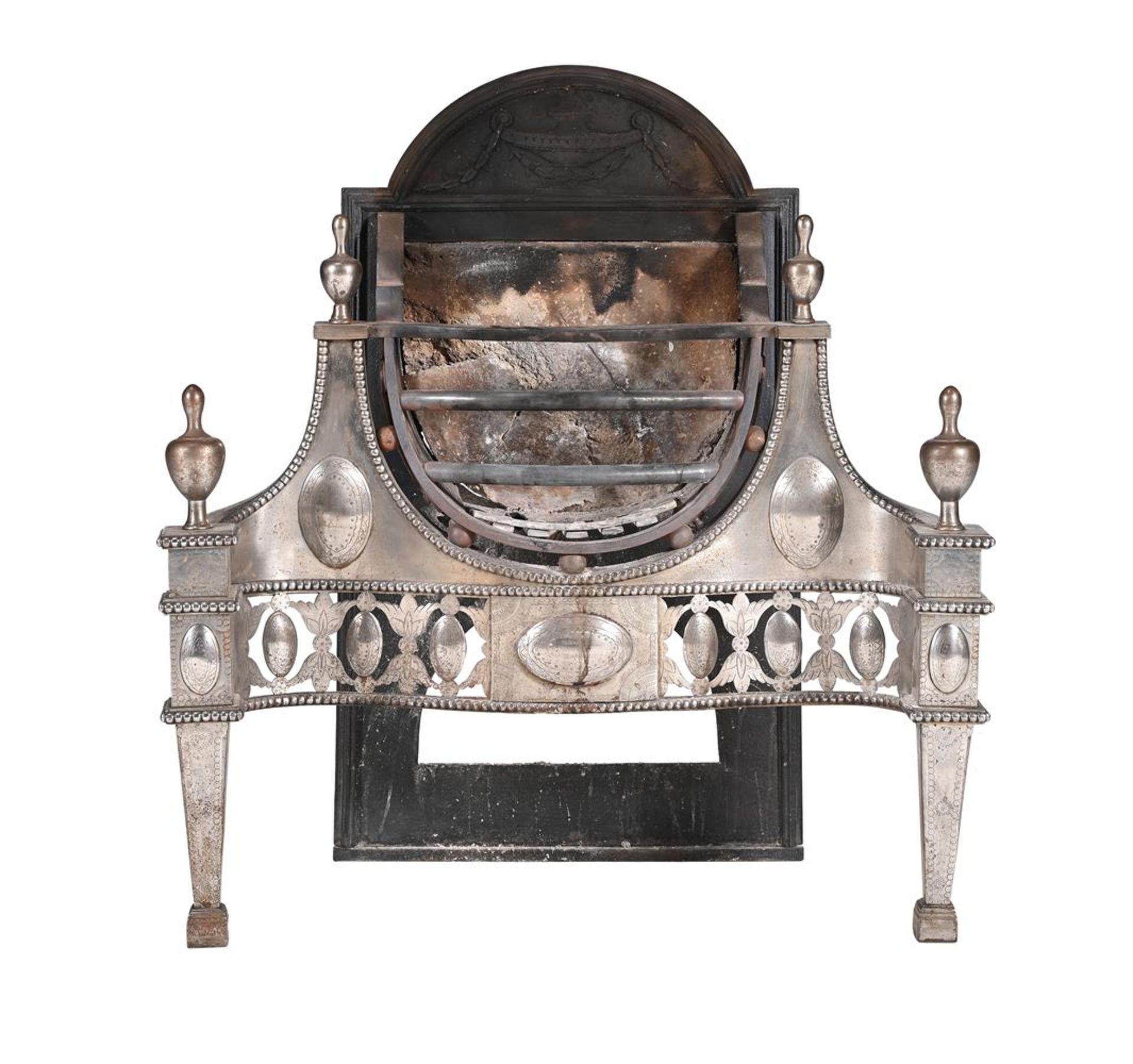 A STEEL AND CAST IRON FIREGRATE IN GEORGE III 'ADAM' STYLE