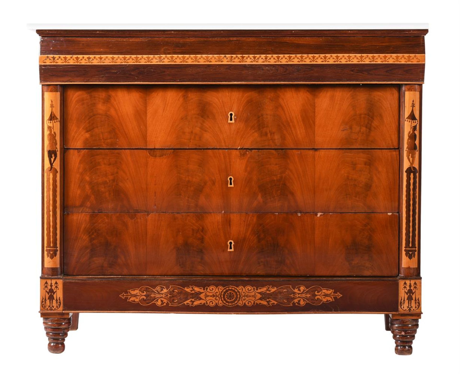 Y A CONTINENTAL ROSEWOOD, WALNUT, AND INLAID COMMODE