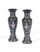 Y A PAIR OF EASTERN BLACK PAINTED METAL AND MOTHER OF PEARL DECORATED VASES