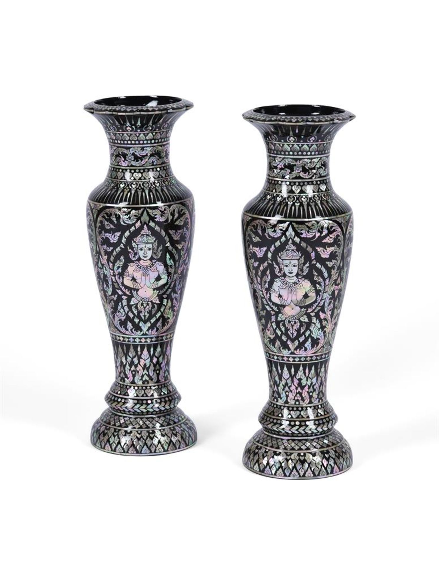 Y A PAIR OF EASTERN BLACK PAINTED METAL AND MOTHER OF PEARL DECORATED VASES