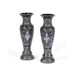 Y A PAIR OF EASTERN BLACK PAINTED METAL AND MOTHER OF PEARL DECORATED VASES