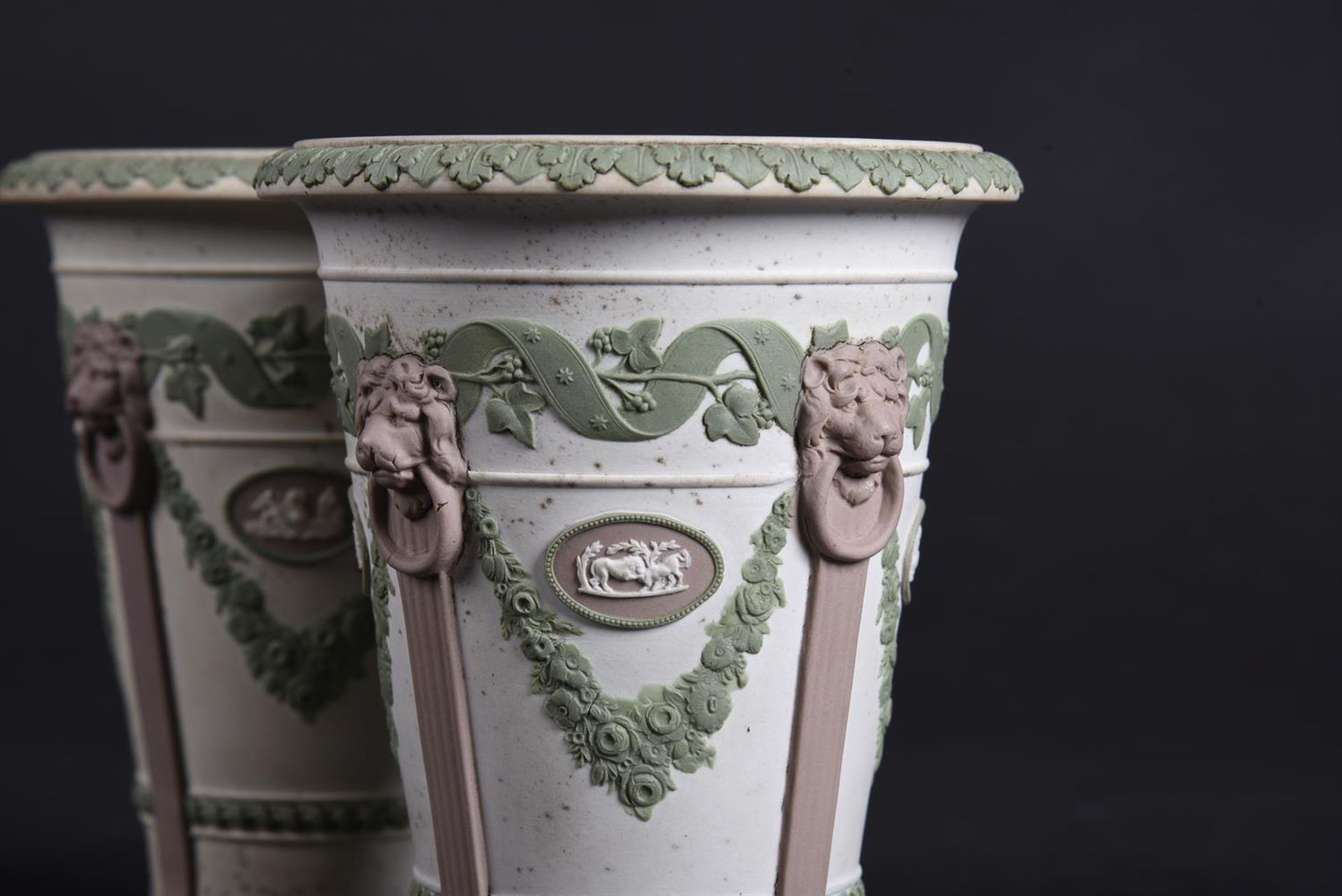 A PAIR OF WEDGWOOD TRI-COLOUR JASPER URNS - Image 2 of 2