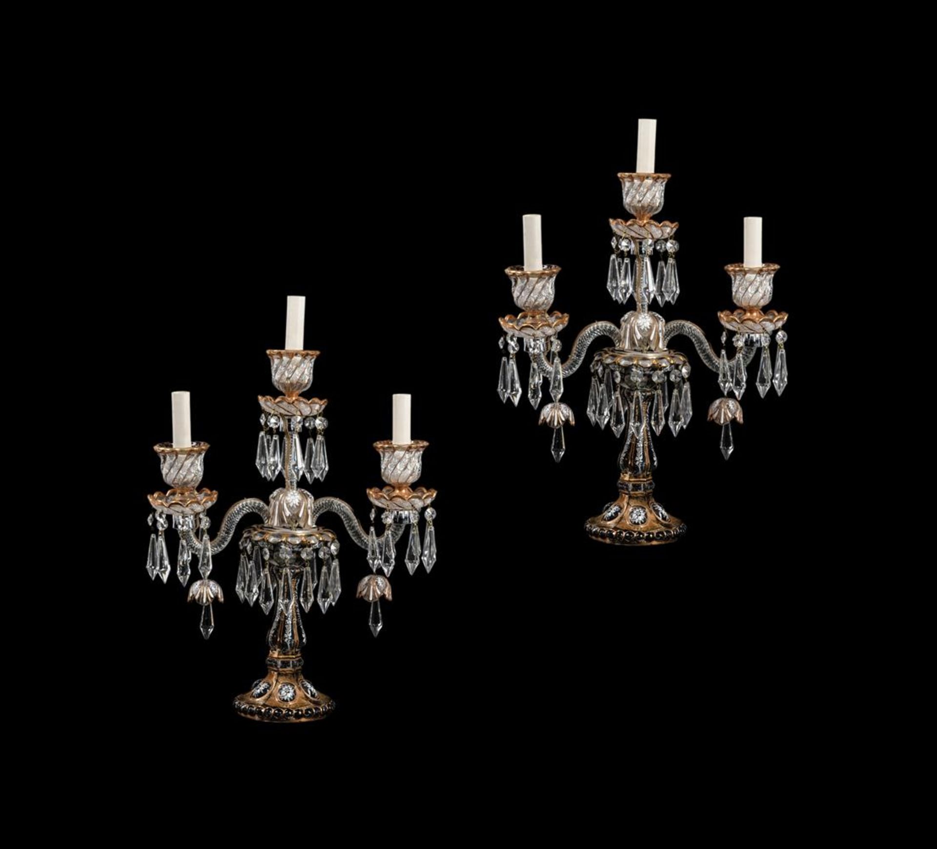 A PAIR OF CONTINENTAL MOULDED GLASS CANDELABRA, PERHAPS BEYKOZ