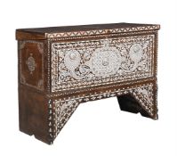 Y A SYRIAN HARDWOOD, IVORY, AND MOTHER-OF-PEARL INLAID CHEST ON STAND