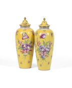 A PAIR OF DRESDEN YELLOW GROUND SLENDER OVOID VASES AND COVERS