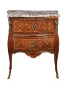 Y A FRENCH KINGWOOD PARQUETRY, MARBLE AND GILT METAL MOUNTED COMMODE OR CHEST OF DRAWERS