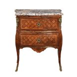 Y A FRENCH KINGWOOD PARQUETRY, MARBLE AND GILT METAL MOUNTED COMMODE OR CHEST OF DRAWERS