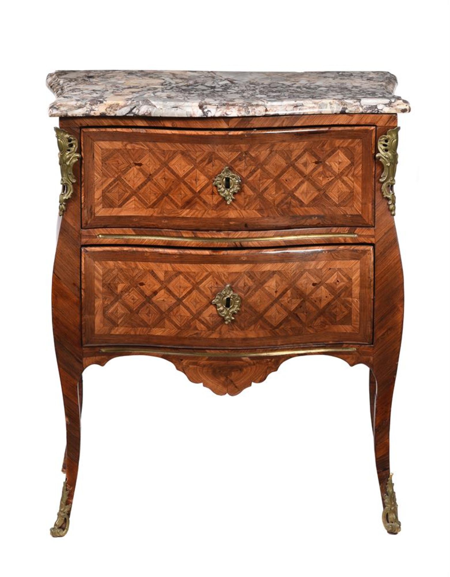 Y A FRENCH KINGWOOD PARQUETRY, MARBLE AND GILT METAL MOUNTED COMMODE OR CHEST OF DRAWERS