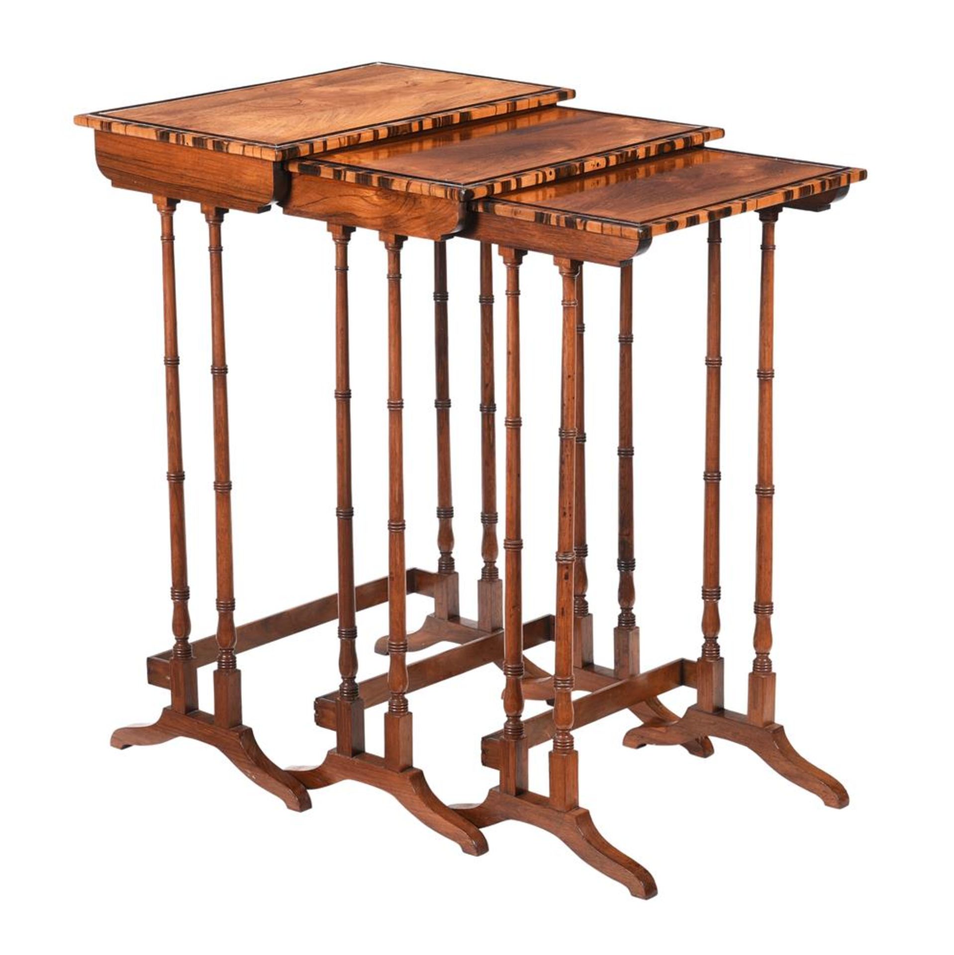 Y A MAHOGANY, ROSEWOOD, AND CALAMANDER BANDED NEST OF THREE TABLES