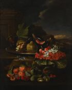ITALIAN SCHOOL (17TH CENTURY), A STILL LIFE OF FRUIT AND FLOWERS ON A LEDGE