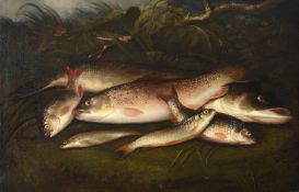 HENRY LEONIDAS ROLFE (BRITISH 1843-1881), TROUT, PIKE, ROACH, DACE AND GUDGEON ON A BANK