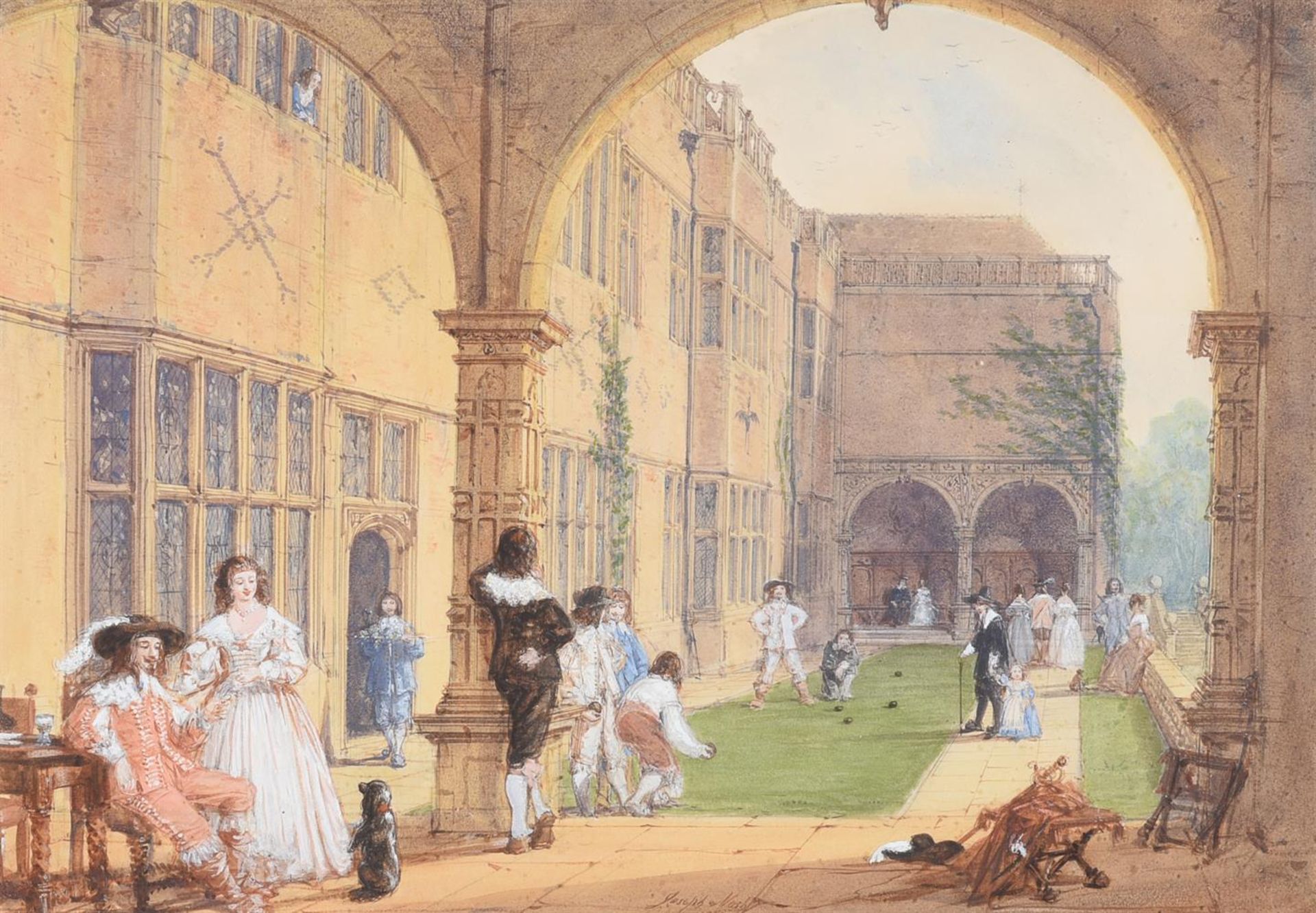 JOSEPH NASH (BRITISH 1808-1878), AN ELEGANT COMPANY PLAYING BOULES ON THE TERRACE OF BRAHMSHILL - Image 2 of 2