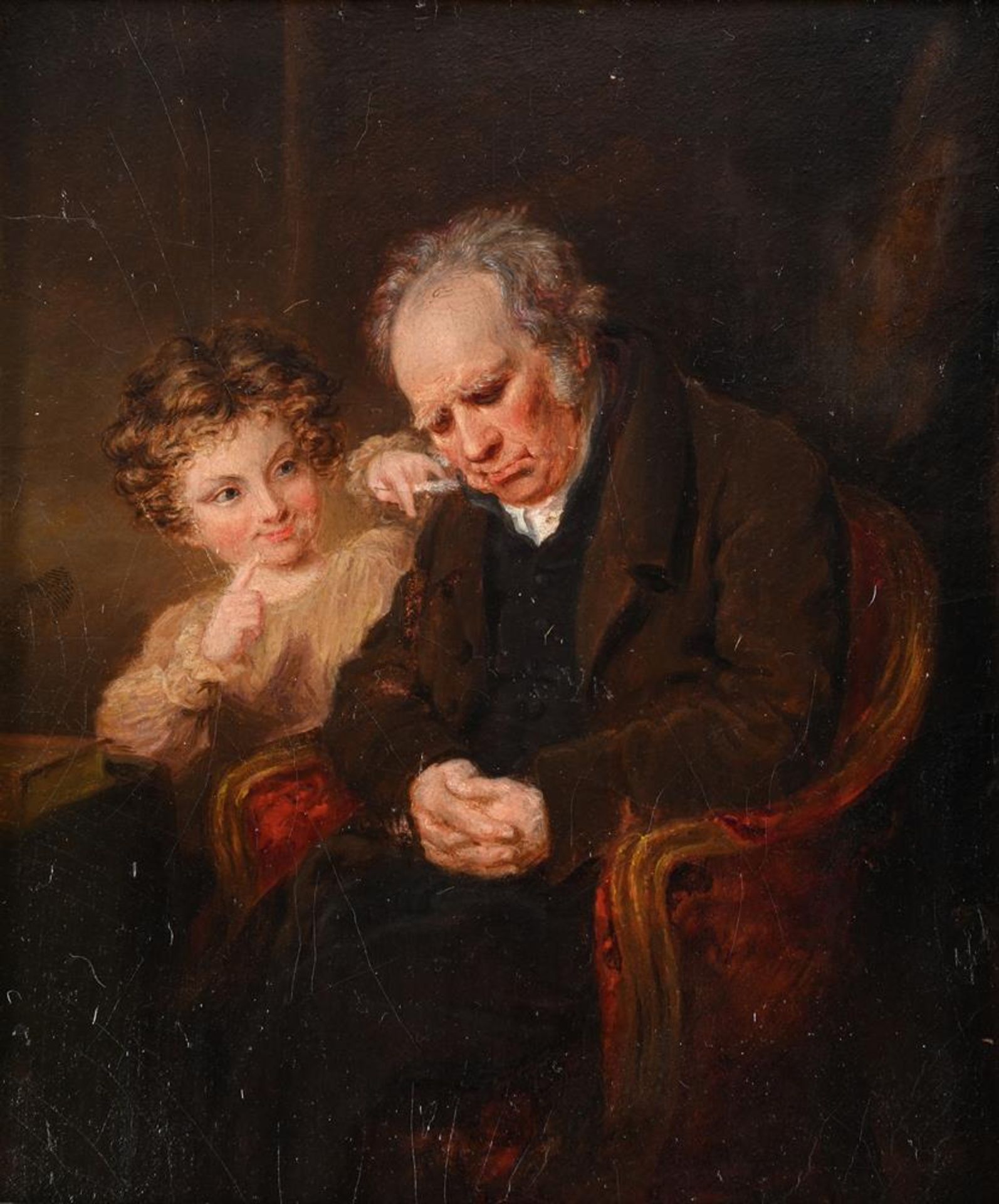 ENGLISH SCHOOL (19TH CENTURY), A CHILD TICKLING A SLEEPING MAN WITH A FEATHER