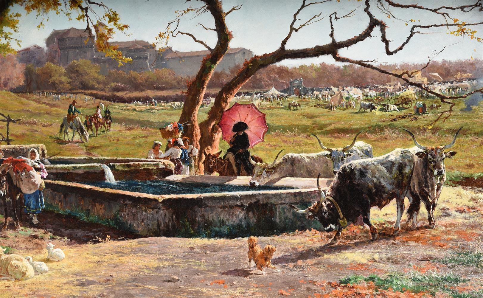 AURELIO TIRATELLI (ITALIAN 1842-1900), CATTLE FAIR AT OSTIA - Image 3 of 5