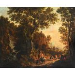 FOLLOWER OF JAN BOTH,TRAVELLERS AND A CATTLE DROVER IN AN ITALIANATE LANDSCAPE