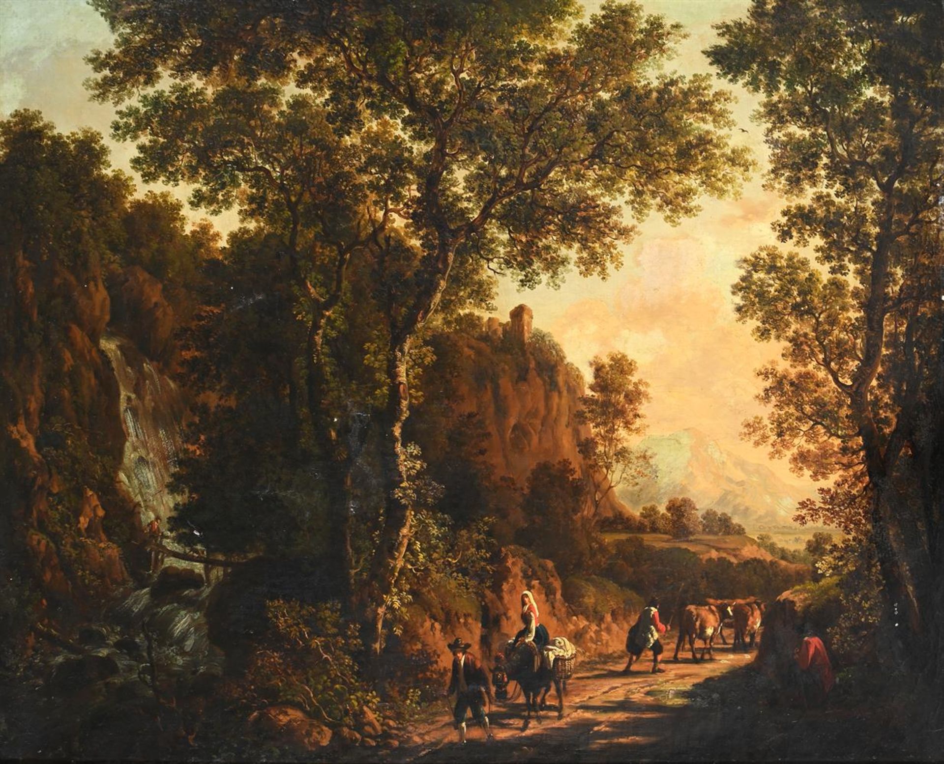 FOLLOWER OF JAN BOTH,TRAVELLERS AND A CATTLE DROVER IN AN ITALIANATE LANDSCAPE