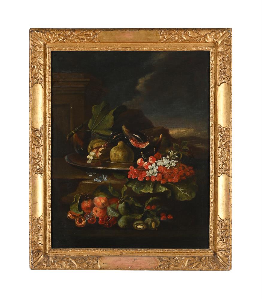 ITALIAN SCHOOL (17TH CENTURY), A STILL LIFE OF FRUIT AND FLOWERS ON A LEDGE - Image 2 of 3
