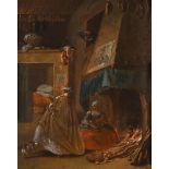 FOLLOWER OF WILLEM KALF, A LADY AND A MAID IN A KITCHEN INTERIOR