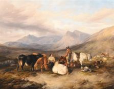 THOMAS SIDNEY COOPER (BRITISH 1803 - 1902), HIGHLAND LANDSCAPE WITH FIGURES AND ANIMALS