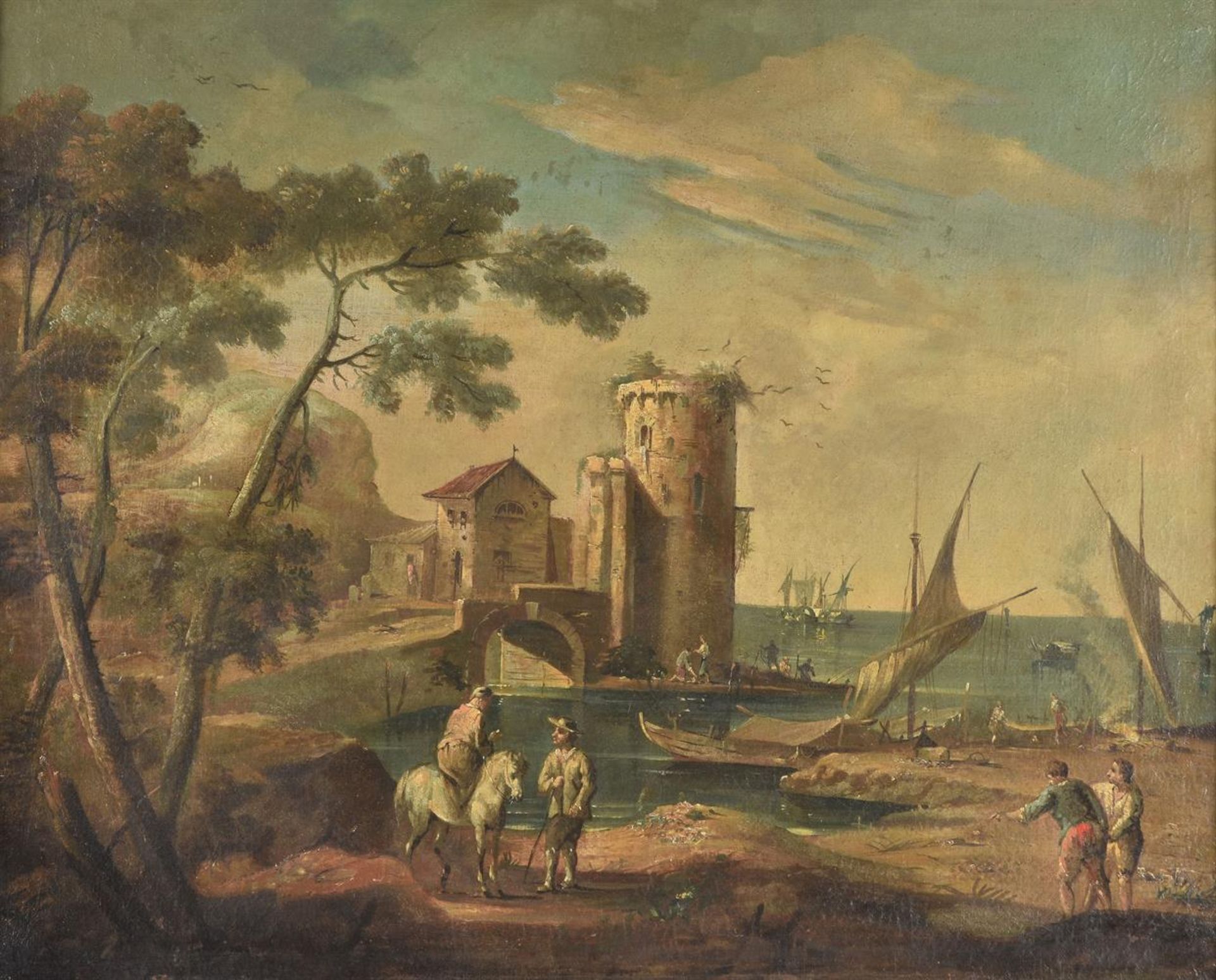 ITALIAN SCHOOL (18TH CENTURY), CAPRICCIO HARBOUR SCENE WITH FIGURES ALONG THE SHORE