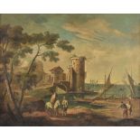 ITALIAN SCHOOL (18TH CENTURY), CAPRICCIO HARBOUR SCENE WITH FIGURES ALONG THE SHORE