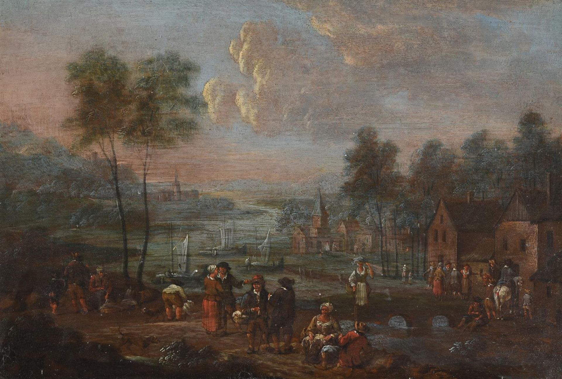 FLEMISH SCHOOL (18TH CENTURY), VILLAGE LANDSCAPE ON THE BANKS OF A RIVER