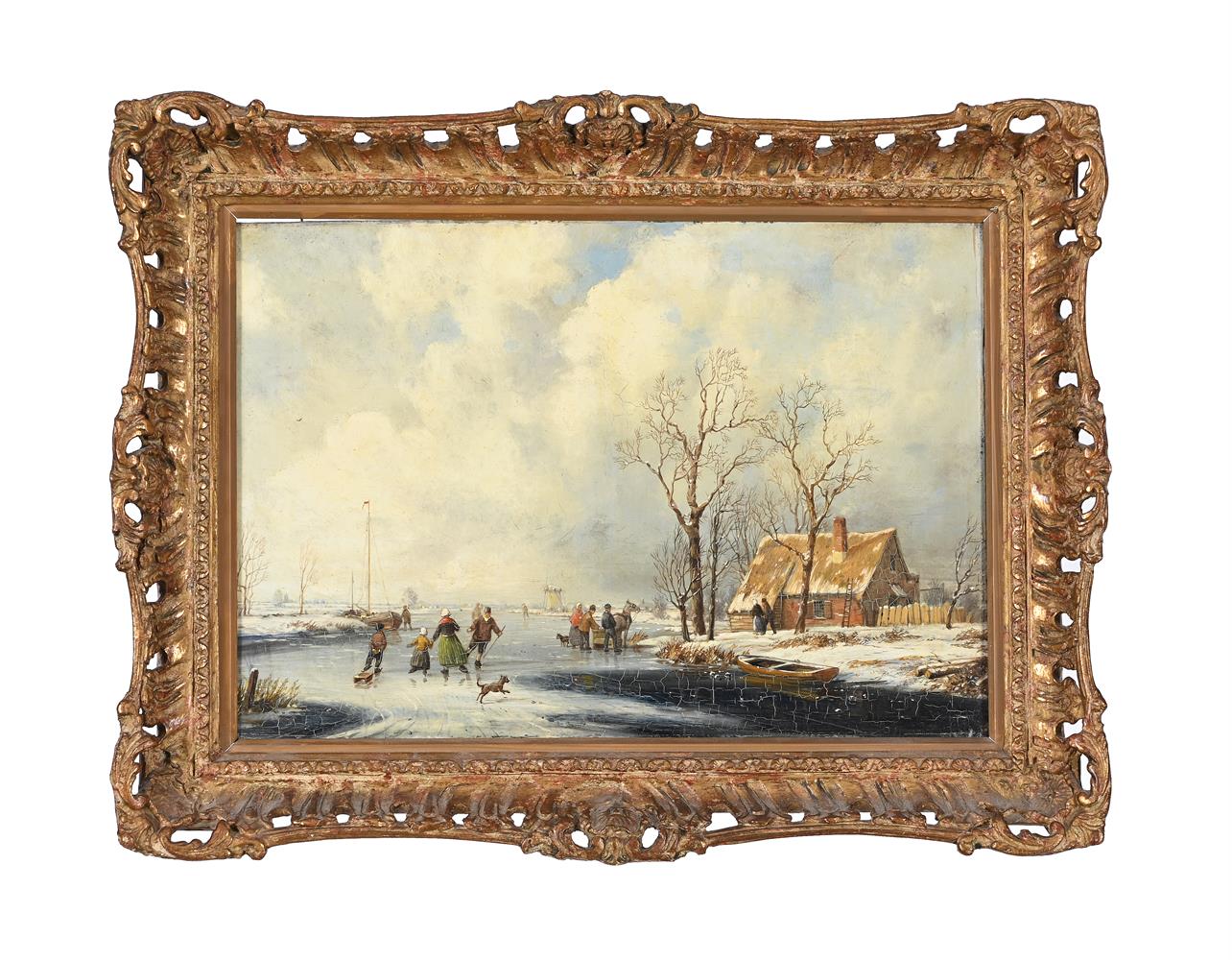 DUTCH SCHOOL (19TH CENTURY), FIGURES SKATING IN A FROZEN RIVER LANDSCAPE - Image 2 of 3