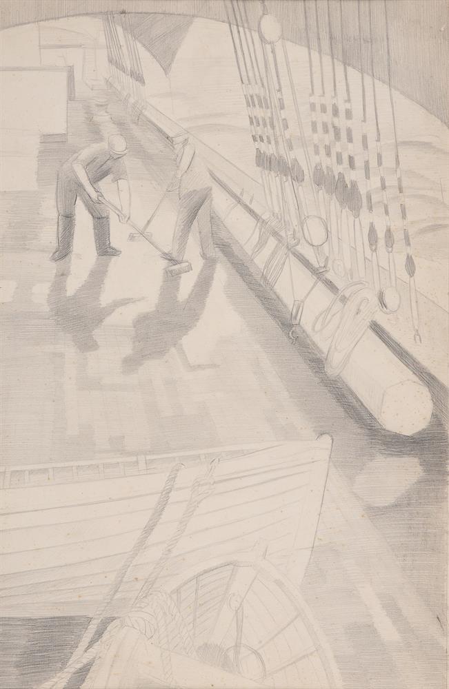 λ RICHARD CARLINE (BRITISH 1896-1980), SCRUBBING THE DECK OF THE GRACE HAWAR, CIRCA 1930 - Image 2 of 2