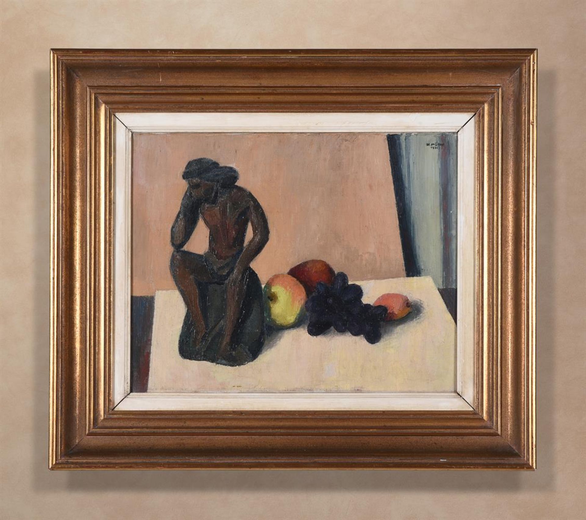 H. MÜLLER (20TH CENTURY), STILL LIFE WITH FRUIT AND A STATUE