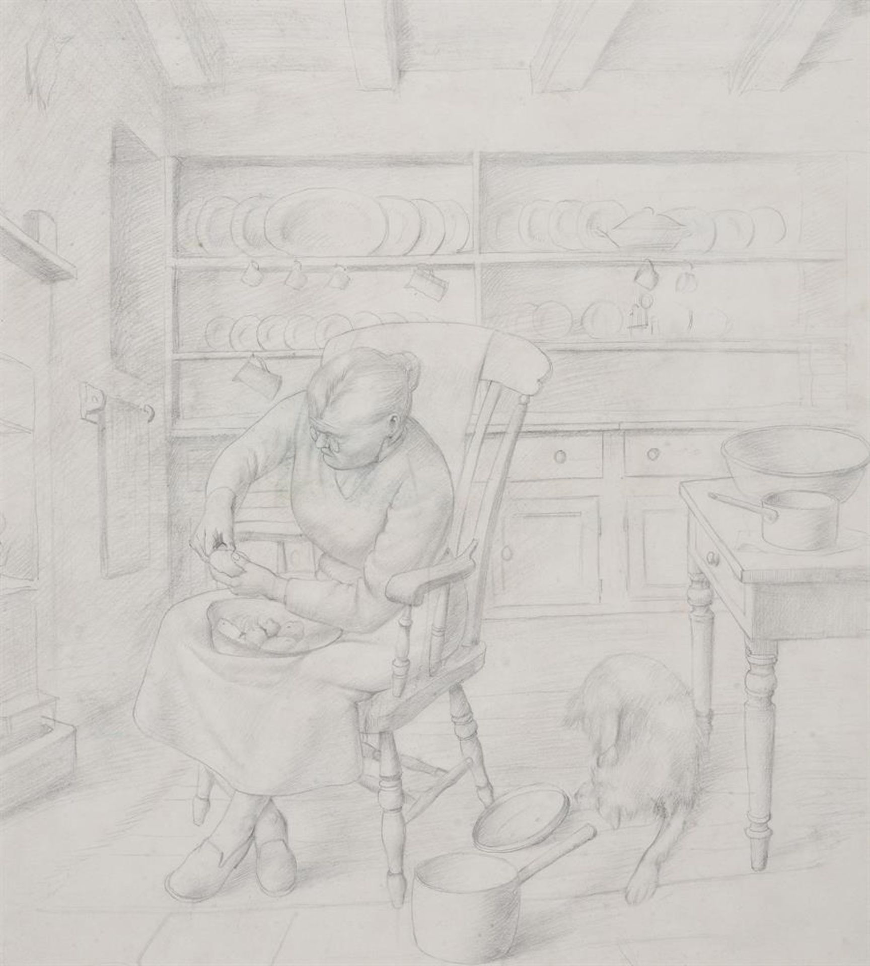 λ STANLEY LEWIS (BRITISH 1905-2009), THE ARTIST'S MOTHER PEELING POTATOES - Image 2 of 2