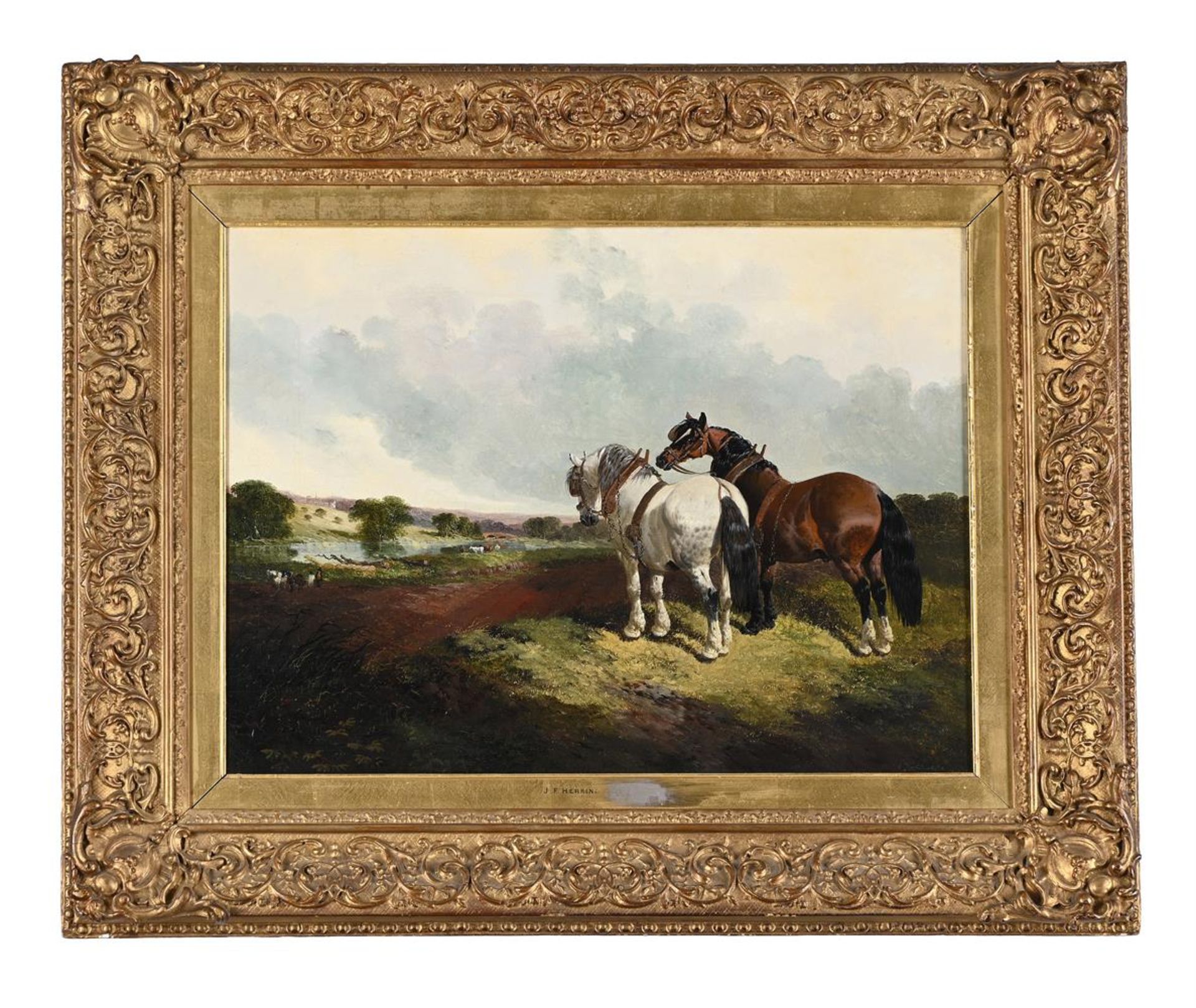 JOHN FREDERICK HERRING JUNIOR (BRITISH 1815-1907), TWO PLOUGH HORSES AT THE EDGE OF A FIELD