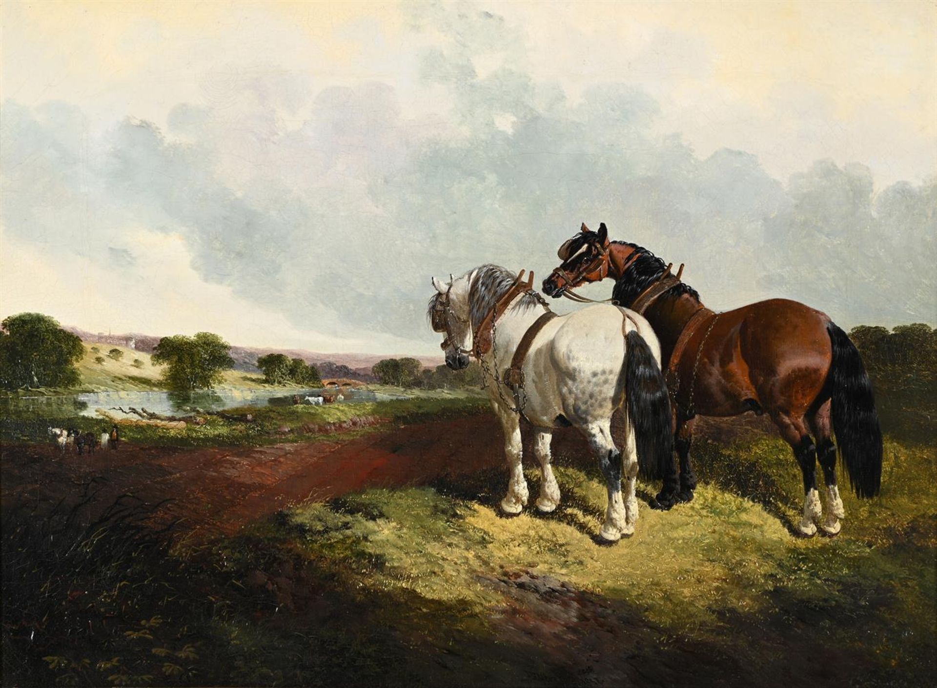 JOHN FREDERICK HERRING JUNIOR (BRITISH 1815-1907), TWO PLOUGH HORSES AT THE EDGE OF A FIELD - Image 2 of 3